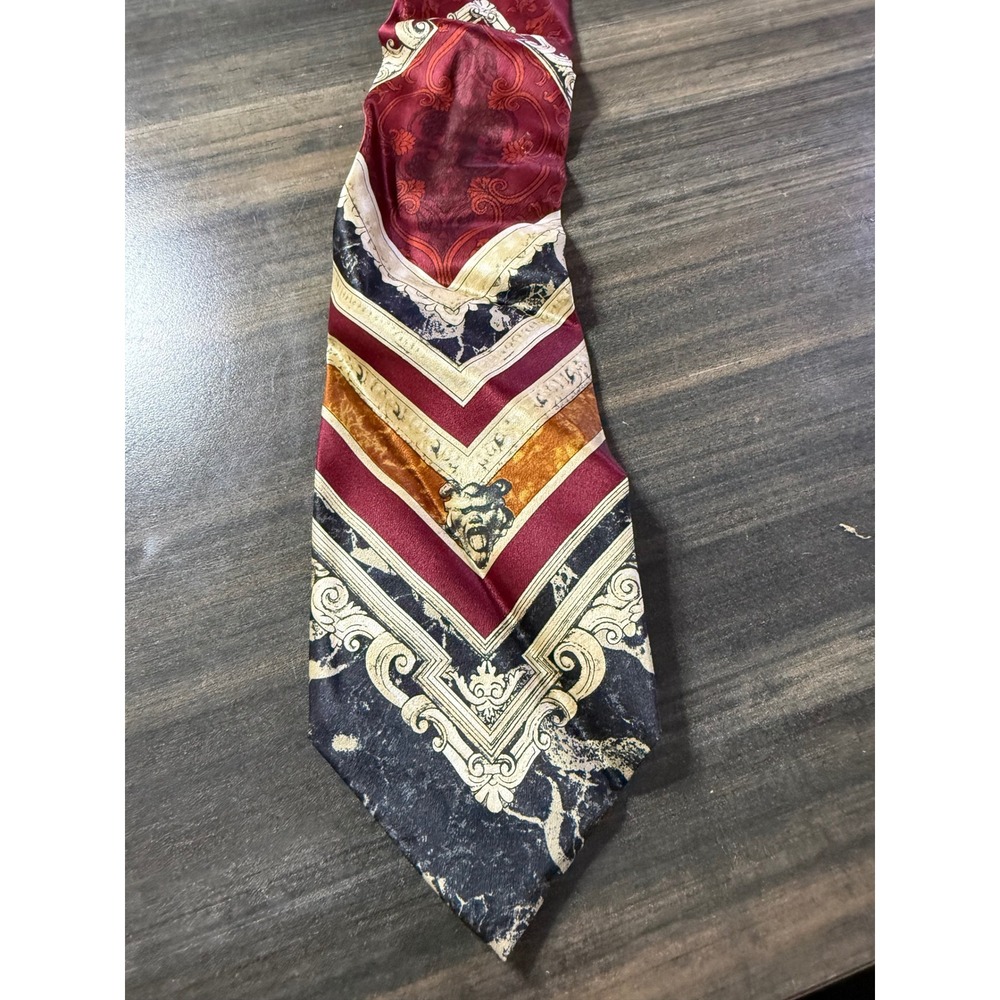 Gianfranco Ferre Mens Silk Tie Italy Baroque Gargoyle Mask Burgundy Gold Black